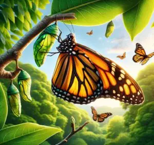 A Monarch Butterfly resting peacefully amidst a lush green forest.