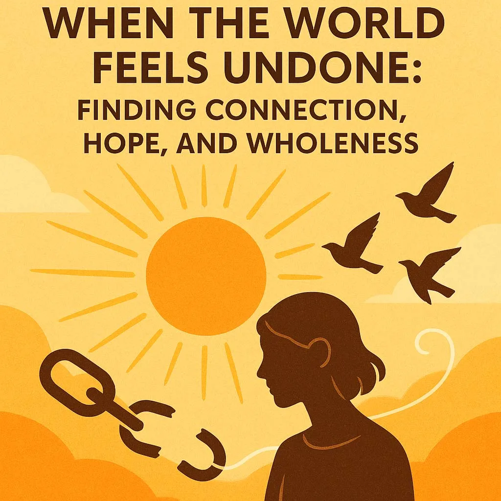 Abstract image of healing and reconnection: a fractured world being rewoven with radiant light and colour